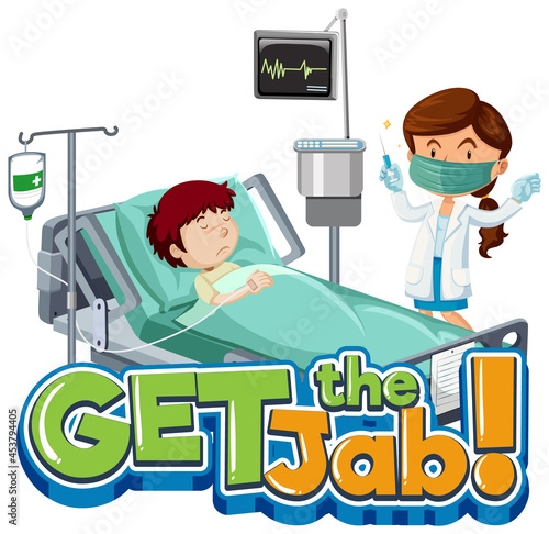 Get the Jab font banner with patient and doctor cartoon character