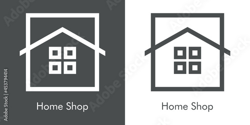Logotipo con texto Home Shop con cuadrado con tejado de casa y ventanas con lineas en fondo gris y fondo blanco