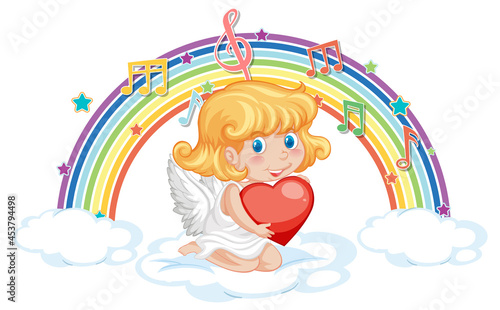 Cupid girl holding heart with melody symbols on rainbow