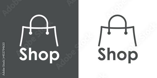 Logotipo con texto Shop con silueta de bolsa de la compra con lineas en fondo gris y fondo banco