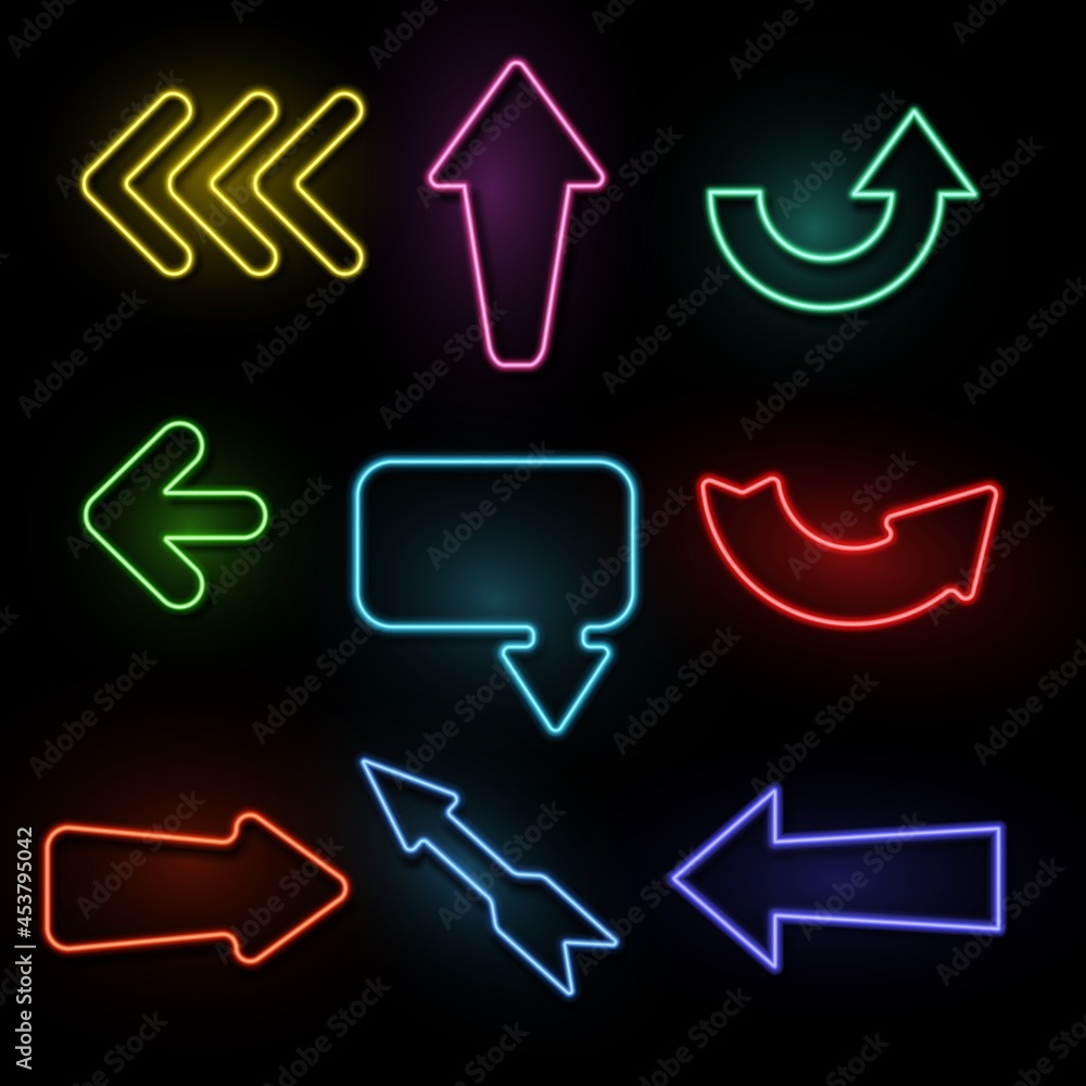 Arrows neon. Light direction arrow bright frames. Casino, nightclub and cinema glowing outside vintage signs. Blue, red and yellow illuminated signboards and pointers, vector isolated set