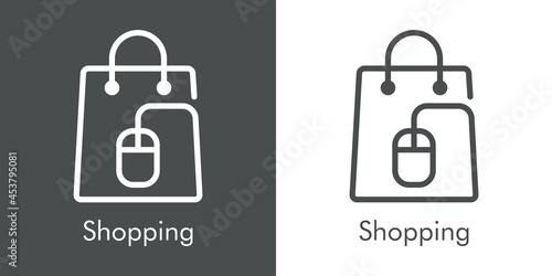 Símbolo de tienda en línea. Logotipo lineal con texto Shopping con bolsa de la compra con mouse de ordenador en fondo gris y fondo blanco