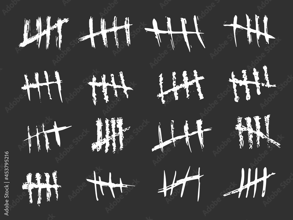 Fototapeta premium Chalk tally marks. Blackboard drawn grunge charcoal strokes, doodle style crossed out scratches, monochrome white days count, waiting in prison. Vector hand drawn isolated set