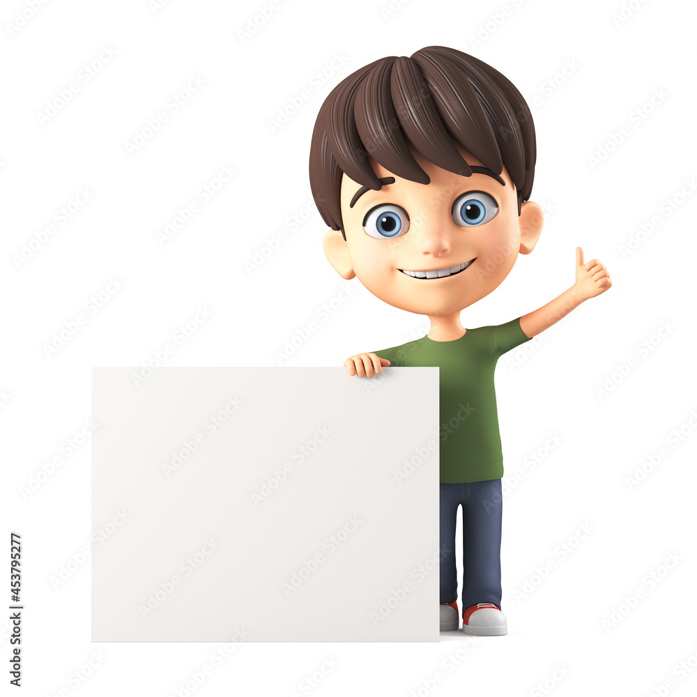 Cheerful cartoon little boy character leaned against an empty board and shows a thumb up. 3d render illustration. Cheerful cartoon little boy character leaned against an empty board and shows a thumb up. 3d render illustration.