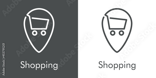 Logotipo con texto Shopping con silueta de carrito de la compra con marcador de posición en fondo gris y fondo banco
