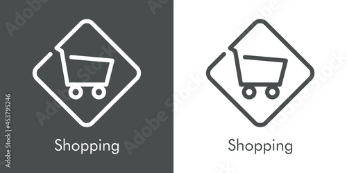 Logotipo con texto Shopping con carrito de la compra en cuadrado con lineas en fondo gris y fondo blanco