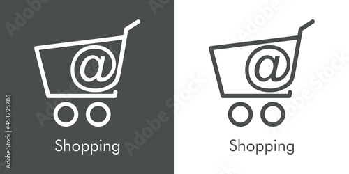 Símbolo de tienda en línea. Logotipo lineal con texto Shopping con símbolo arroba en carrito de la compra en fondo gris y fondo blanco