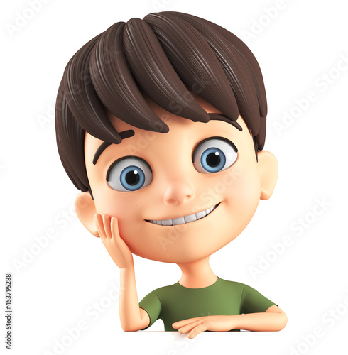 3d render illustration. Cartoon character little boy holds a blank board on a white background.