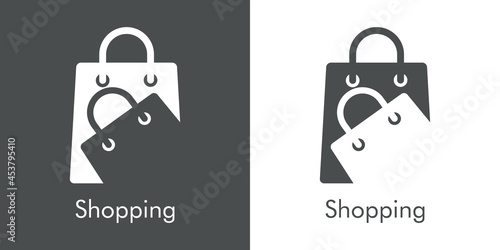 Logotipo con texto Shopping con silueta de 2 bolsas de la compra en fondo gris y fondo banco