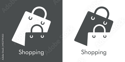 Logotipo con texto Shopping con silueta de 2 bolsas de la compra en fondo gris y fondo banco