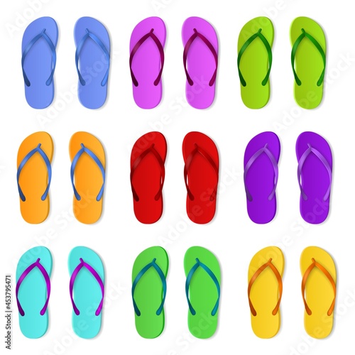 Realistic color slippers. Isolated 3d bright rubber sandals, summer swimming pool flip flop, beach and bathroom open shoes pairs. Top view footwear plastic sole. Vector set