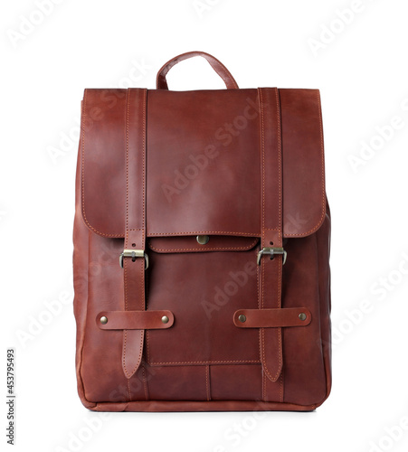 Stylish brown leather urban backpack isolated on white