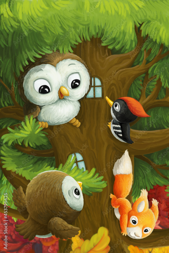 cartoon animals tree owl woodpecker squirrel illustration
