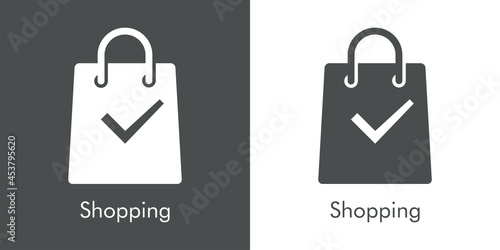 Logotipo con texto Shopping con silueta de bolsa de la compra con cheque de verificación en fondo gris y fondo banco