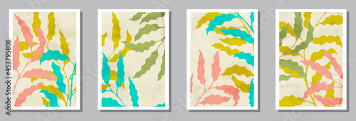 Herbal wall art prints set. Spring twigs with foliage. Summer twigs