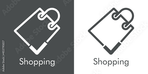 Logotipo con texto Shopping con silueta de bolsa de la compra con cheque de verificación con lineas en fondo gris y fondo banco