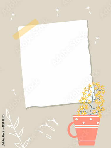 A sheet of white paper taped to wall. Note paper, yellow flower in pink mug, white contours of plants in the background. Vector illustration, flat style.