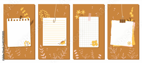 Social Media Stories Layout Set. Yellow flowers, contours of flowers and leaves. White pages of different notebooks pinned or taped to the wall. Vector illustration, flat style.