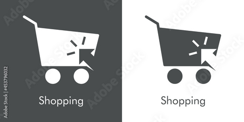 Logotipo con texto Shopping con silueta de carrito de la compra con flecha de cursor en fondo gris y fondo banco