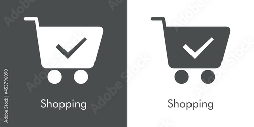 Logotipo con texto Shopping con silueta de carrito de la compra con cheque de verificación en fondo gris y fondo banco