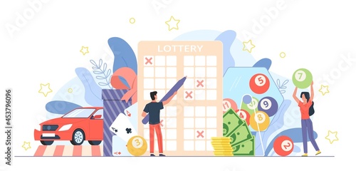 Lottery people. Gambling game. Guessing numbers and random winner selection. Cartoon man fills out ticket. Happy woman pulls out balls. Tiny players win money and car. Vector gamble concept