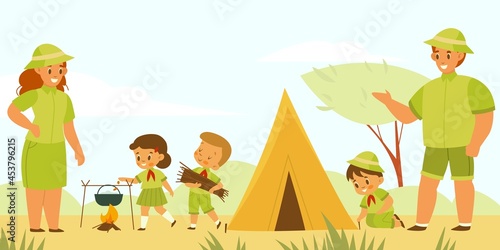 Mentors and scouts. Kids camping tourism. Young explorers pitch tent and cook at campfire. Children in uniform with teachers. Summer outdoor hiking vacation. Vector nature adventurers