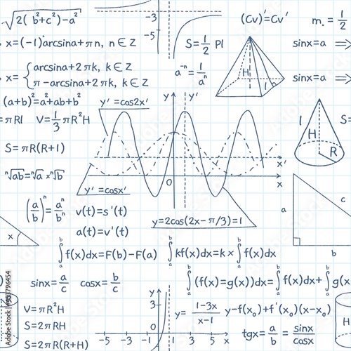 Seamless pattern math formulas. Exact school equations and functions, education, science, algebraic and geometric, doodles signs on white. Decor textile, wrapping paper, vector print
