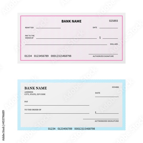 Bank check. Blank cheque checkbook with guilloche pattern and watermark. Unfilled payment paper template. Banking coupon or certificate mockup design for branding. Vector paybills set