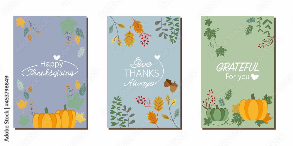 Set of Thanksgiving vector frames. Autumn greeting, Thanksgiving cards, Harvest decoration with thanksgiving massages. Vector illustration.