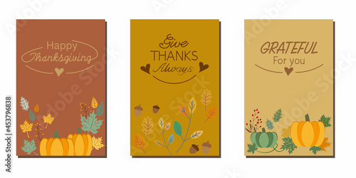 Set of Thanksgiving vector frames. Autumn greeting, Thanksgiving cards, Harvest decoration with thanksgiving messages. Vector illustration.