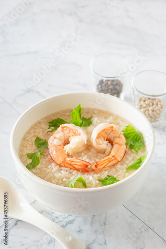 Shrimp rice porridge, mini heart shrimp for breakfast, traditional Asian food