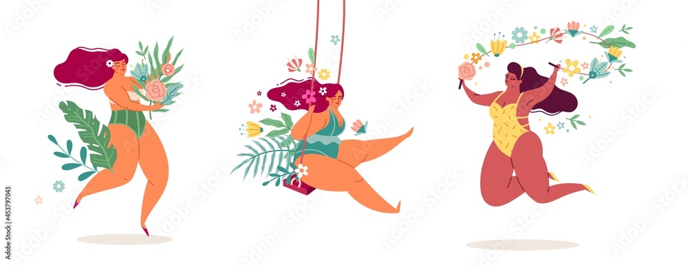 Ladies body positive. Women in flowers beautiful tropical leaves and plants, happy girls in bikinis, spring summer seasons. Female beauty jumping, sexy overweight character vector set
