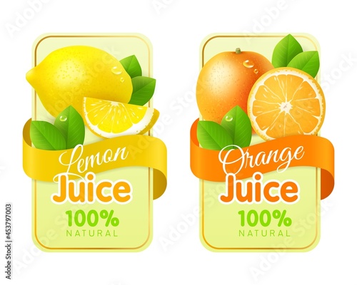 Labels fruit realistic. Packaging stickers with fresh realistic fruits, juices and jam emblems. Organic lemon and orange, citrus flavors natural products, beverage package template vector set