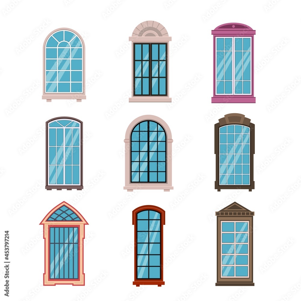 Windows frames flat. Colorful various wooden and plastic window frame with window sills, exterior architectural house wall element. Building modern and classic exterior vector isolated set Windows frames flat. Colorful various wooden and plastic window frame with window sills, exterior architectural house wall element. Building modern and classic exterior vector isolated set