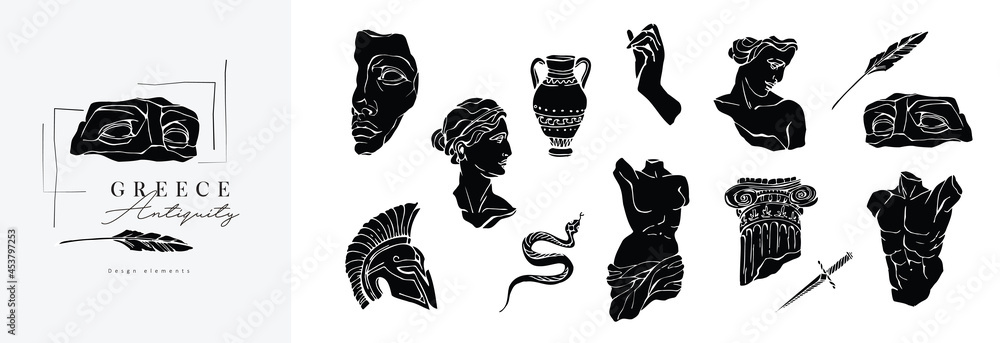 Set of antique marble statues with broken elements. Greek classic ancient of Venus, amphora. Modern tattoo and logo. Hand drawn mythical trendy Vector - obrazy, fototapety, plakaty 