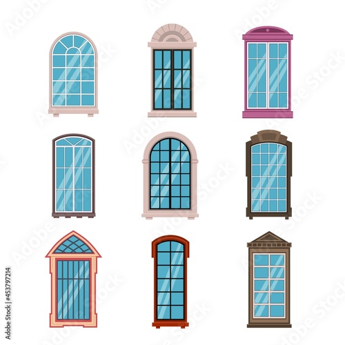 Windows frames flat. Colorful various wooden and plastic window frame with window sills, exterior architectural house wall element. Building modern and classic exterior vector isolated set