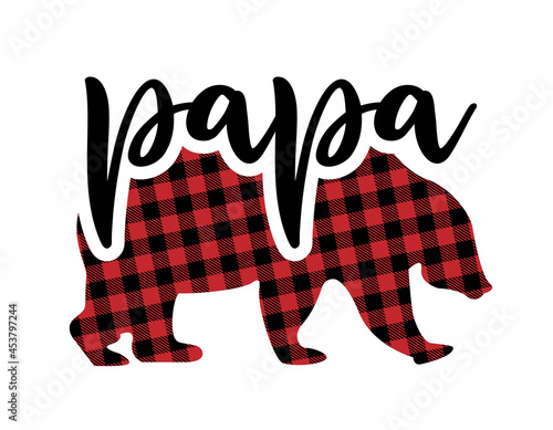 Papa Bear - Handmade calligraphy quote with buffalo pattern bear. Good for birthday gift, poster, textile, gift. Bear Family label with simple hand drawn bear silhouette.