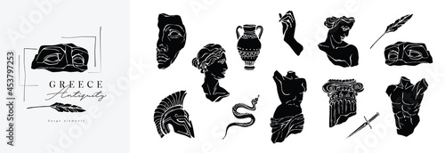 Set of antique marble statues with broken elements. Greek classic ancient of Venus, amphora. Modern tattoo and logo. Hand drawn mythical trendy Vector