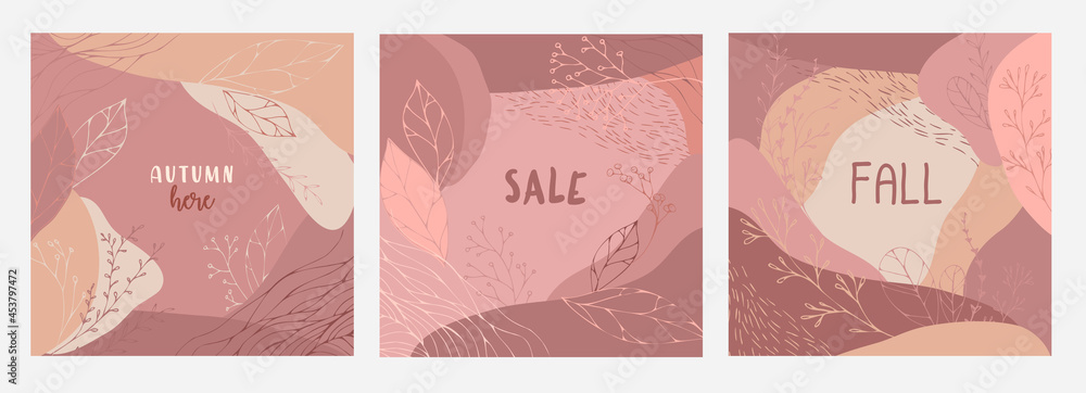 Set of abstract autumn backgrounds greeting cards and invitations. Banners with autumn hand drawn leaves and elements