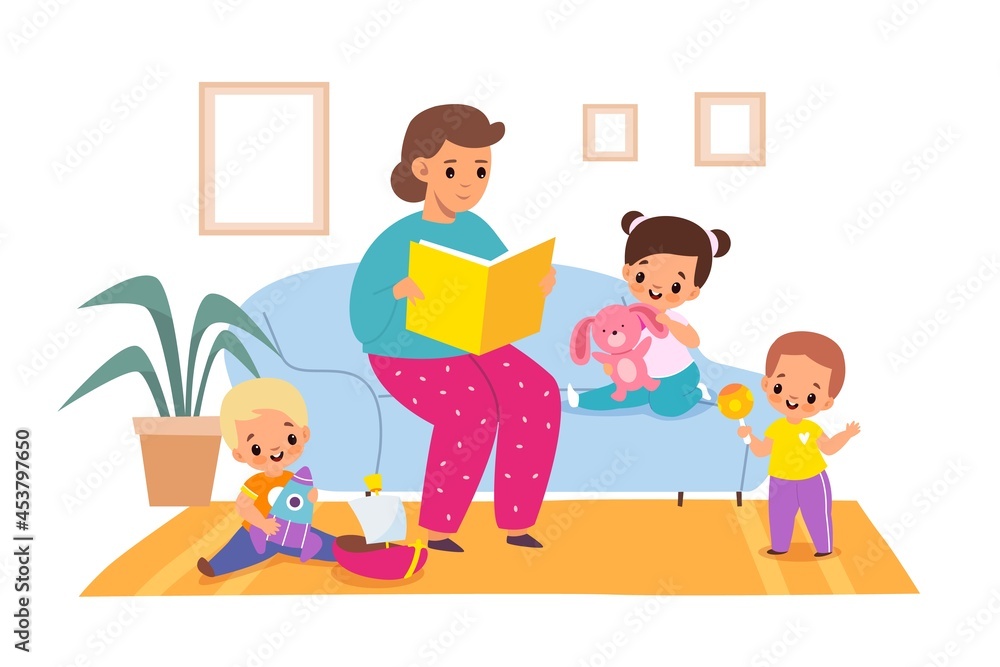 Reading books. Woman reads fairy tales to children, living room interior, boys and girls in kindergarten, kids getting knowledge, entertainment literature. Vector cartoon isolated concept Reading books. Woman reads fairy tales to children, living room interior, boys and girls in kindergarten, kids getting knowledge, entertainment literature. Vector cartoon isolated concept