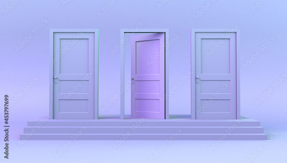 Set of doors closed on steps with one open. 3D illustration. Minimal. Modern. Set of doors closed on steps with one open. 3D illustration. Minimal. Modern.
