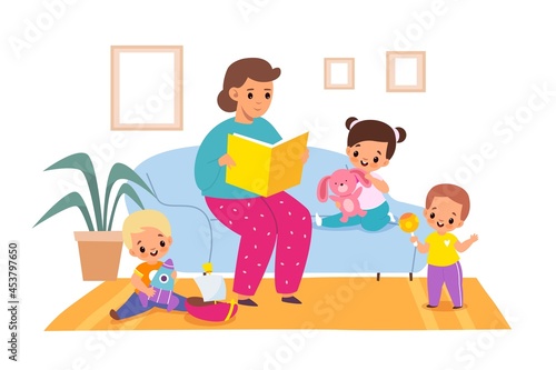 Reading books. Woman reads fairy tales to children, living room interior, boys and girls in kindergarten, kids getting knowledge, entertainment literature. Vector cartoon isolated concept