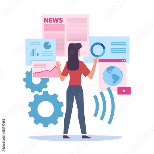 Selection of Internet resources. Woman choosing websites. Cartoon female searching web pages. Cute girl looking global news services and graphic analytic information. Vector concept