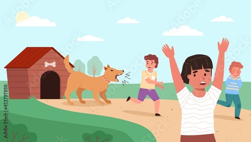 Kids run away from dog. Children fears. Cartoon boys terrified. Chain animal barks at scared young people. Village yard with pets booth. Outdoor activity. Guard in house. Vector concept