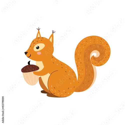 Cute squirrel with an acorn. Funny forest character isolated element. Fall woodland clipart for kids. Vector illustration