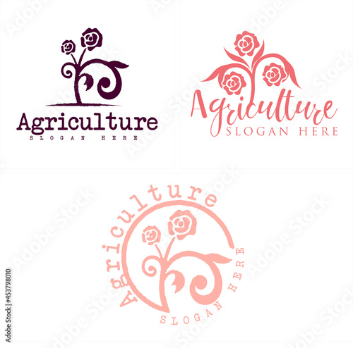 Agriculture with rose flower branch plant vector logo design