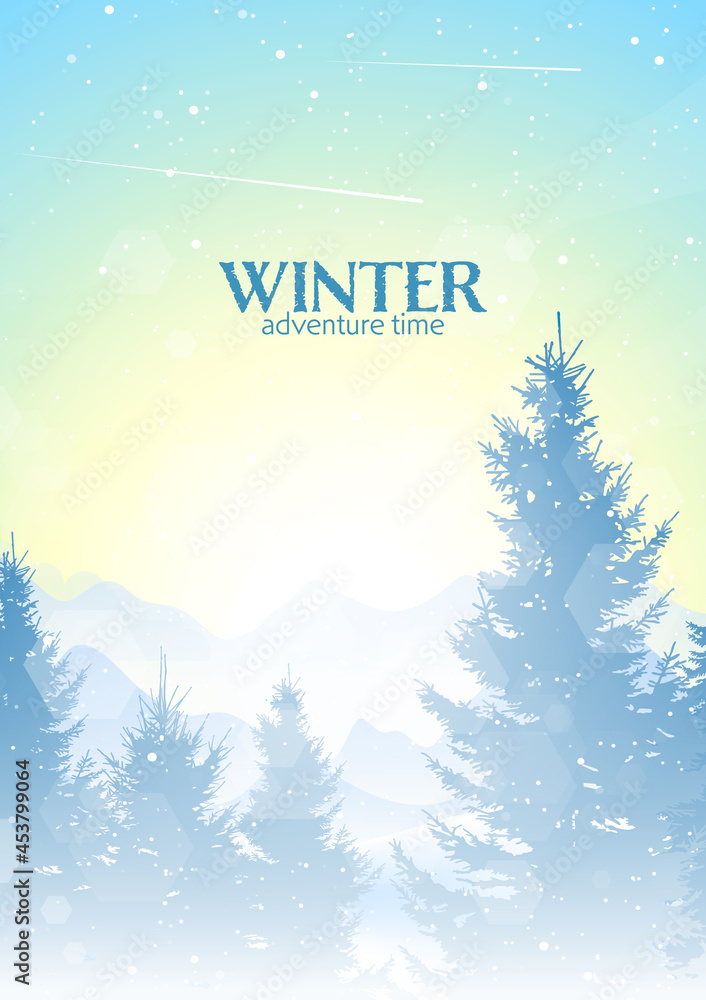 Winter landscape. Snowfall in the mountains. Travel concept of discovering, exploring, observing nature. Hiking tourism. Adventure. Minimalist polygonal flat design graphic poster. Vector illustration