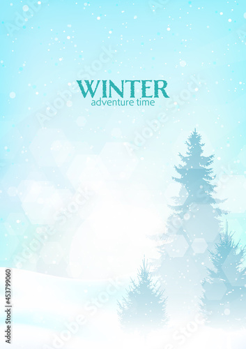 Winter landscape. Snowfall in the mountains. Travel concept of discovering, exploring, observing nature. Hiking tourism. Adventure. Minimalist polygonal flat design graphic poster. Vector illustration