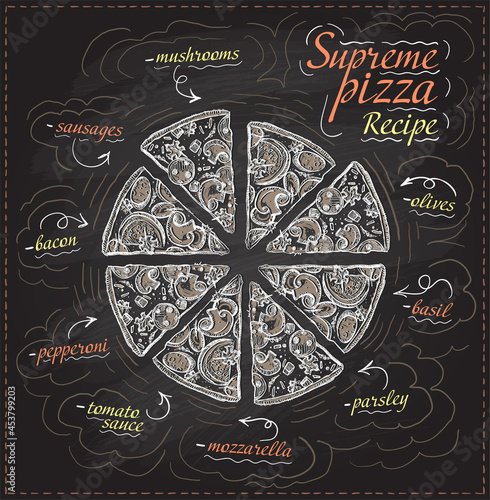 Supreme pizza recipe chalk style vector illustration