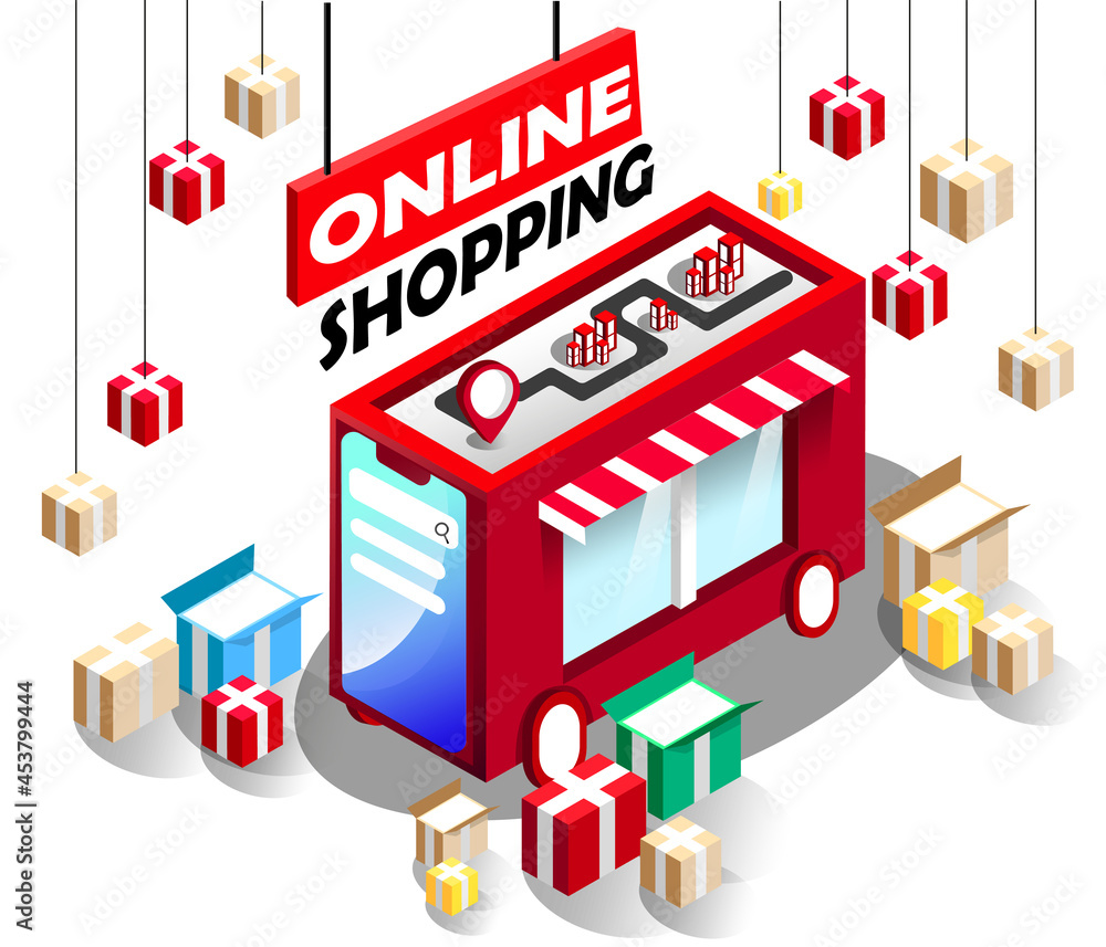 Obraz premium Online shopping 3d banner. Online shopping advertising banner. Shopping online isometric. Online shopping web banner